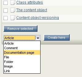 Class dropdown and create here button