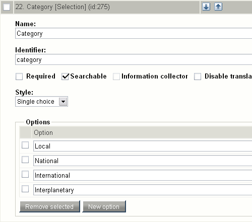 Class attribute edit interface for the "Selection" datatype.