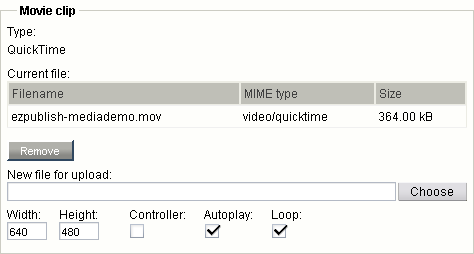 Object attribute edit interface for the "Media" datatype (QuickTime).