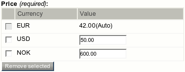 The base price in USD, non-base custom price in NOK and auto price in EUR.