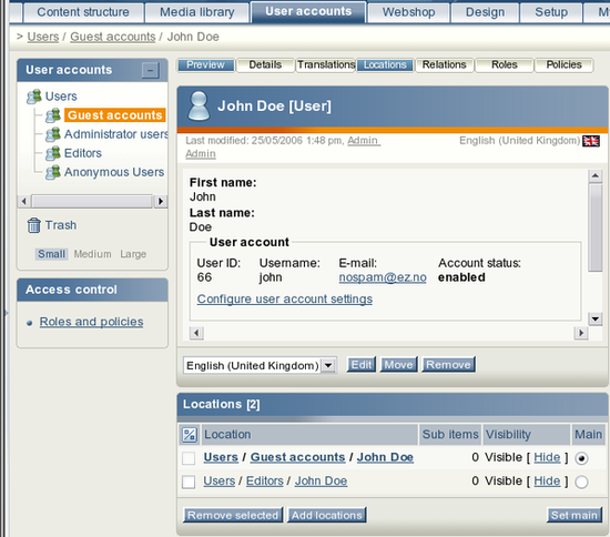 A fragment of the object view interface for the user with two locations.