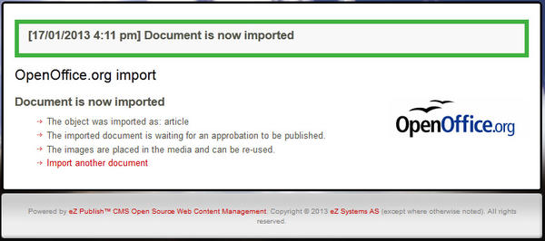 "Document is now imported" Message